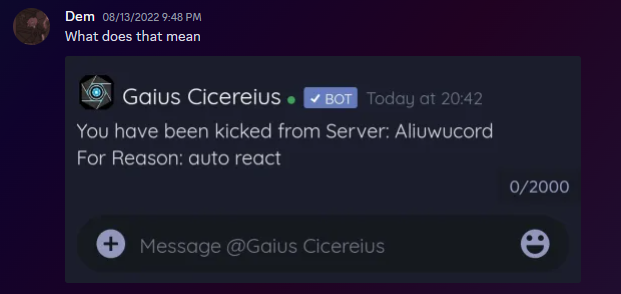 Aliucord user getting kicked from server without even knowing they auto reacted