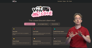 vencord.dev homepage with Tom Scott gesturing "stop" or "halt"